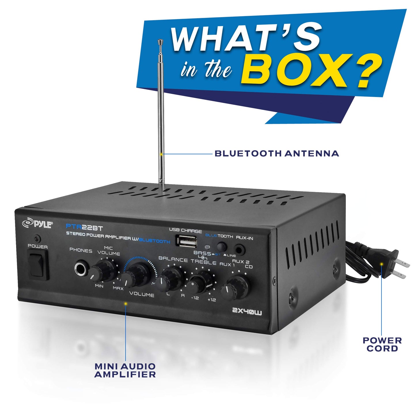 Pyle Bluetooth 5.0 Mini Home Audio Amplifier - 40W x 2 Compact Desktop Stereo Receiver with USB - SD - FM - Mic Input - Pager & Mixer Karaoke Modes - RCA Input - AUX - Headphone Jack - PTA22BT