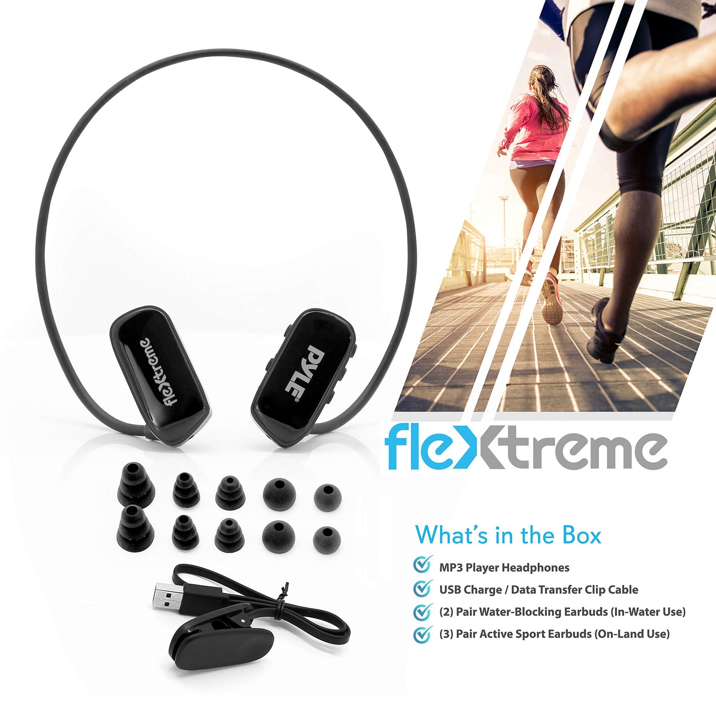 Pyle MP3 Player Bluetooth Headphone - Waterproof Swim IPX8 Flexible Wrap-Around Style Headphones Built-in Rechargeable Battery Bluetooth w/ 8GB Flash Memory & Replacement Earbuds - PSWP28BK Black