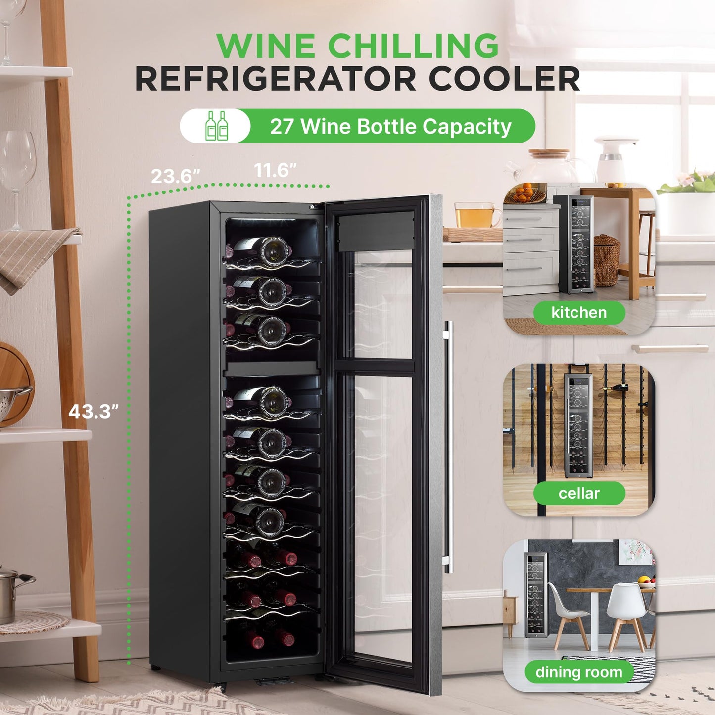 NutriChef PKCWCDS278 27 Bottle Fridge | Dual Zone Chiller | Adjustable Temperature 41°F to 64°F | Ultra Quiet Operation | Wine Cooler for Home, & Office | Free Standing 43x11x23 in (Black)