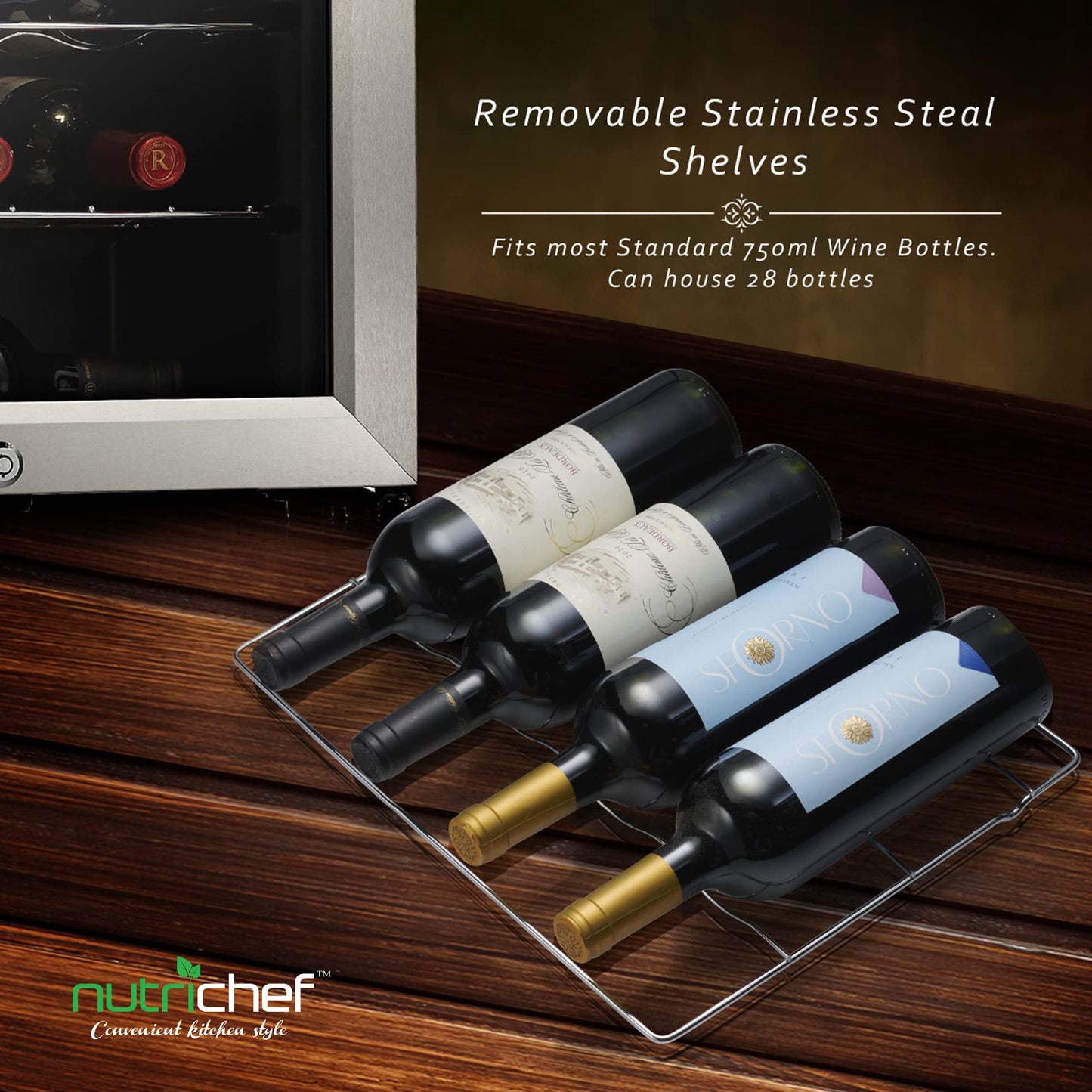 NutriChef 28 Bottle Wine Fridge | Dual Zone Wine Chiller | Adjustable Temperature 41°F to 64°F | Ultra Quiet Operation | Wine Cooler For Home, & Office | Free Standing 33x16x17 IN (Black)