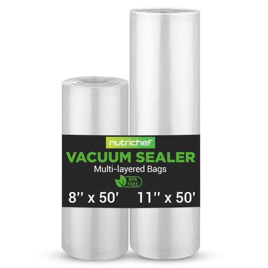 NutriChef Vacuum Sealer Bags for Food 8” x 50’ & 11" x 50' (2 Rolls, 100’ Total) – Works with All Sealers, BPA-Free, Heavy-Duty, Multi-Layered – Freezer, Microwave & Sous Vide Safe