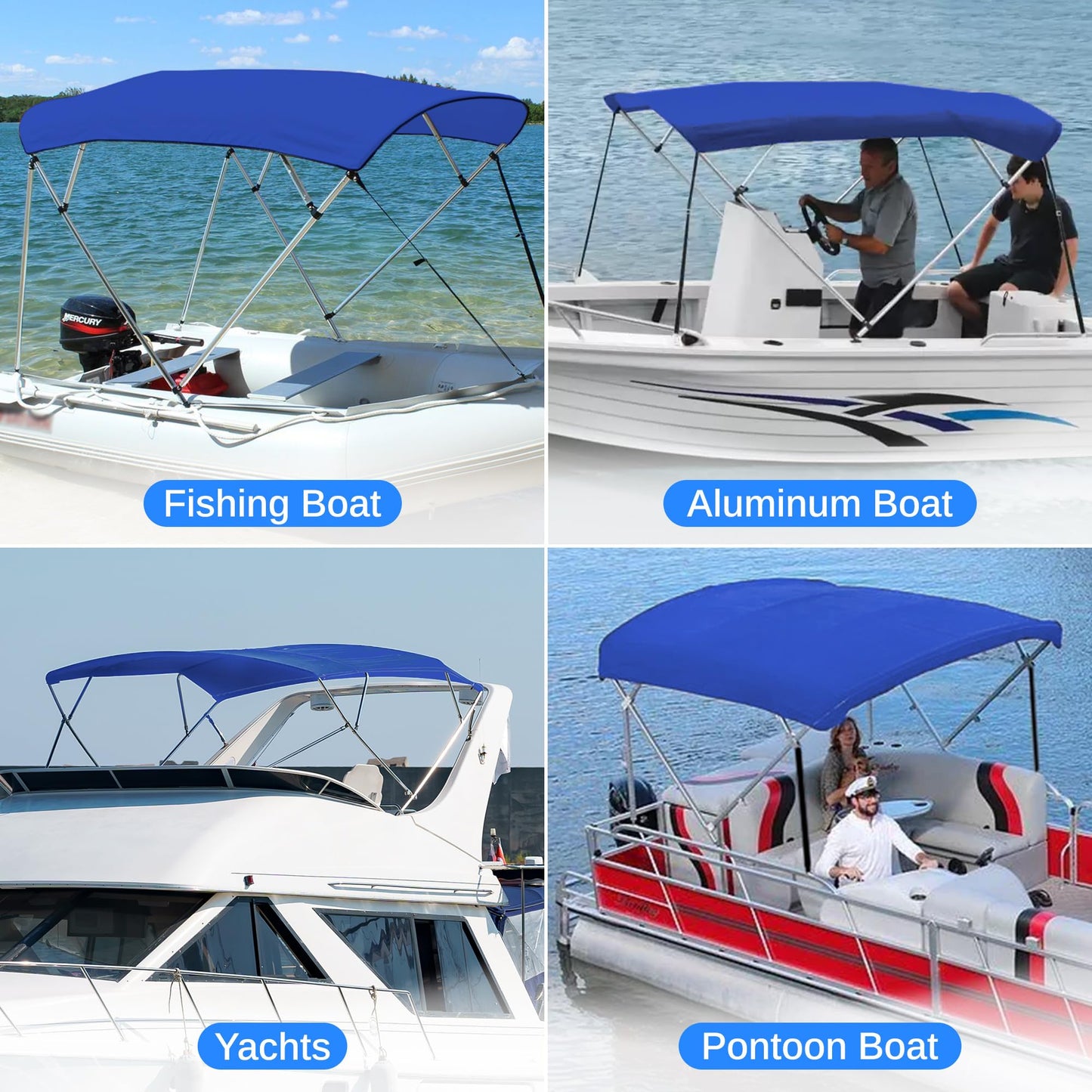 SereneLife 3 Bow Bimini Top Boat Cover –72'' x 85-90'' x 46'', Durable 1" Aluminum Frame, Waterproof & UV-Resistant, Easy Install with Front Straps, Rear Support Arms & Free Storage Boot (Blue)