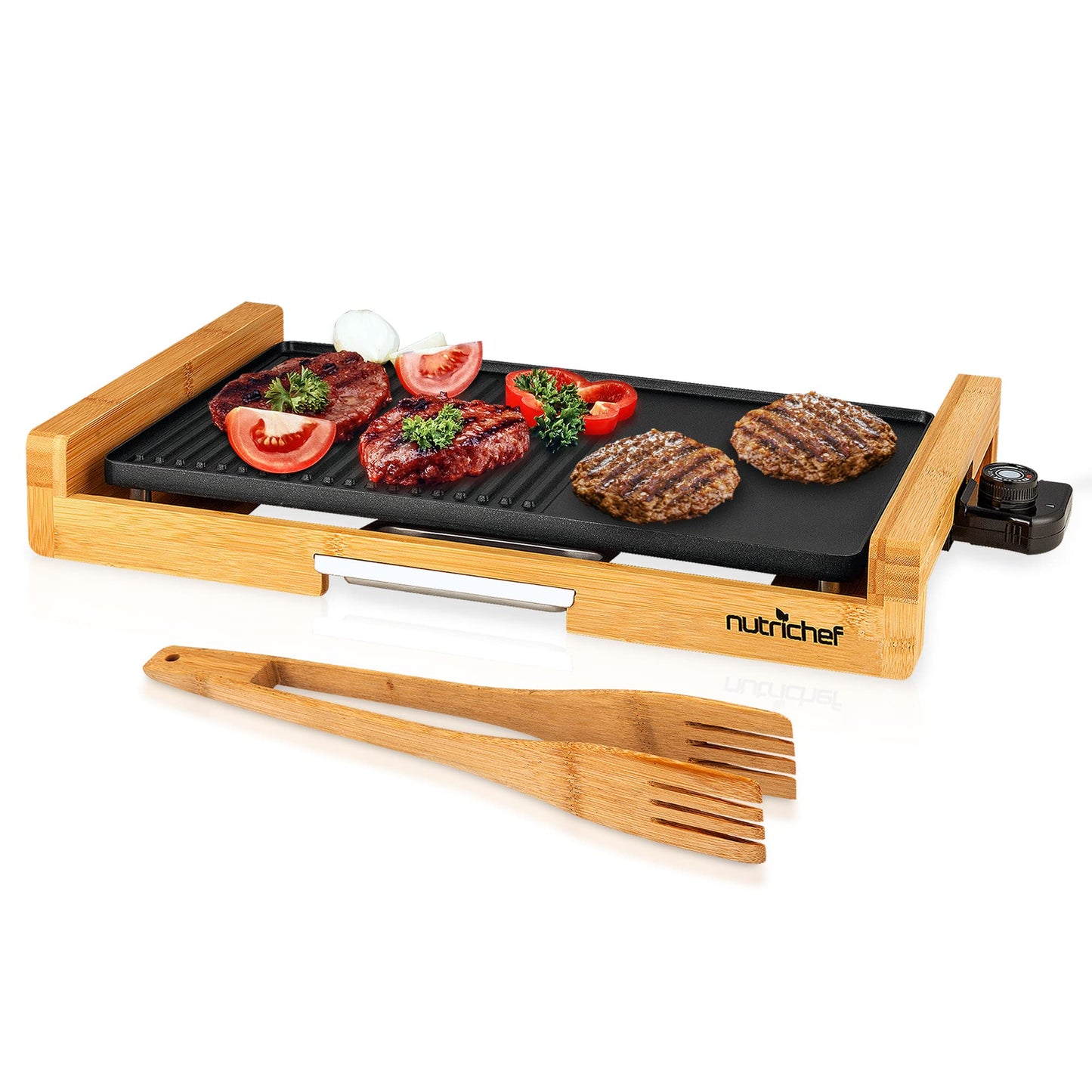 NutriChef Smokeless Indoor Electric Grill – Bamboo Tray, Non-Stick Plate, Adjustable Thermostat, Dishwasher Safe, 1800W Power