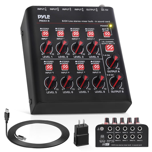Pyle 8-Channel Wireless BT Streaming Mini Line Mixer with USB Audio Interface - 8 Mono/Stereo Switching Inputs | Ultra-low Noise Design with High Headroom | Built-in USB Sound Card - PMAX8
