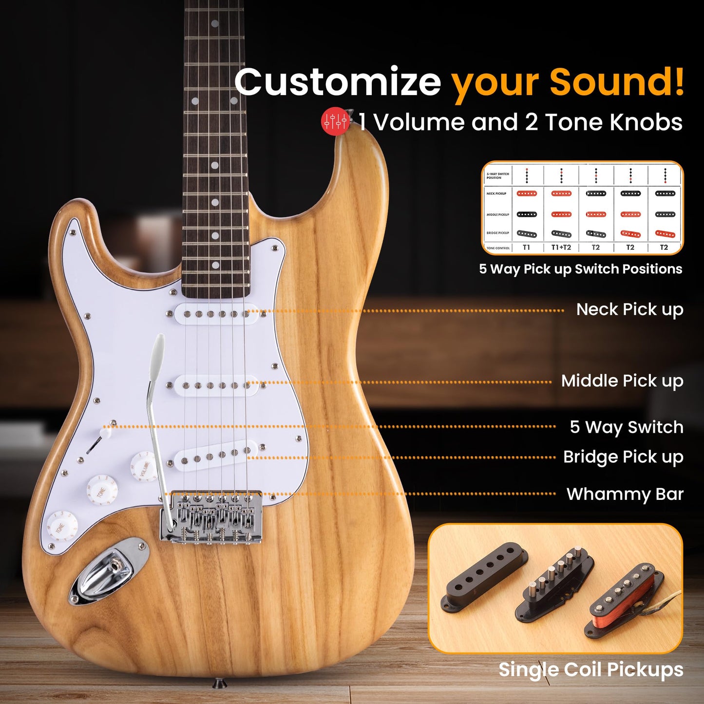Pyle Full Size Left Handed Electric Guitar Kit with 5W Amplifier, Gig Bag, Picks, Spare Strings, and Strap, ST-Style Beginner Guitar Bundle with 22 Frets, Paulownia Wood Body, Natural-Lefty