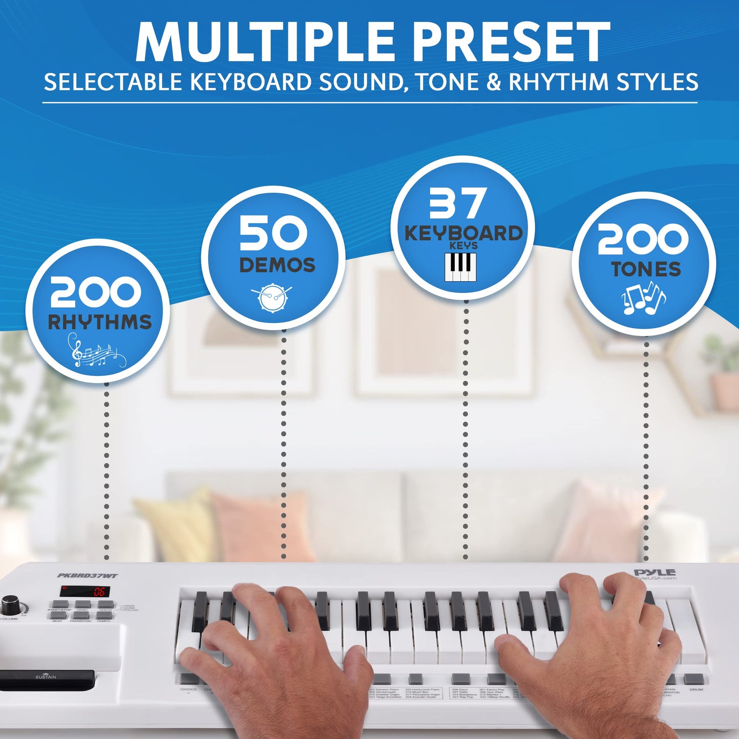 Pyle Electric Piano, 37-Key Music Keyboard, Built-in Stereo Speakers, Rechargeable Battery, Wired Microphone, Portable Design, Tones, 200 Rhythms (PKBRD37WT)