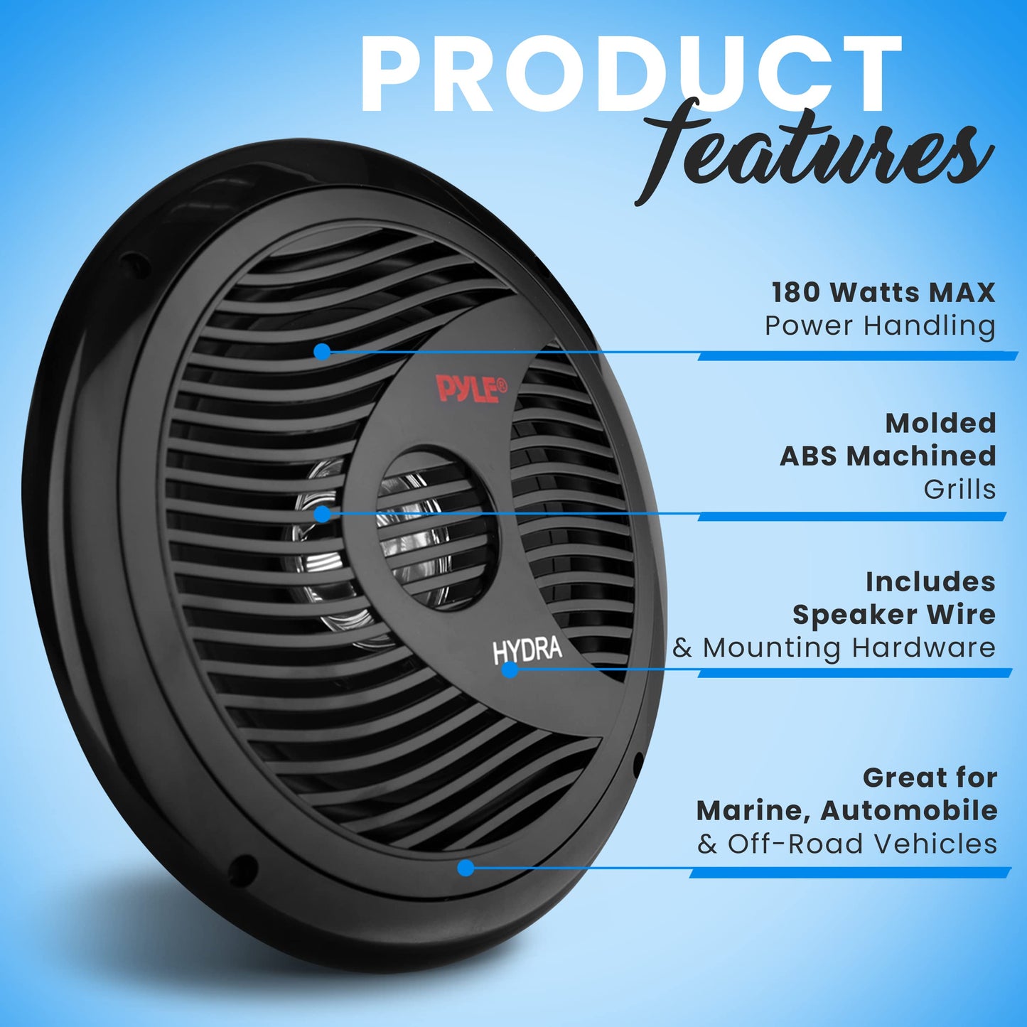 Pyle Marine Speakers, Boat Speakers, Marine Speaker - Dual 180W 4 Ohm, Waterproof, PP Cone, Rubber Surround, 20 Oz Magnet, 1.5" Voice Coil, Includes Speaker Wire & Mounting Hardware