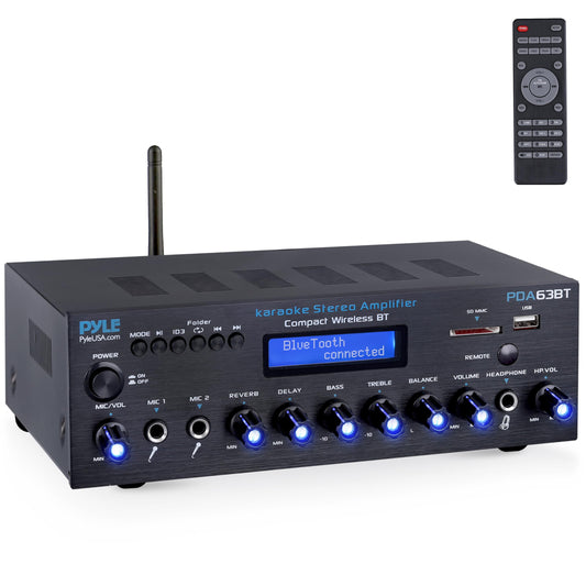Pyle Wireless BT Stereo Amplifier - Multi Channel, 200 Watt Power, Home Audio Receiver System with FM Radio, BT, USB SD, AUX, RCA, Mic-in, BT and FM Antenna - PDA63BT