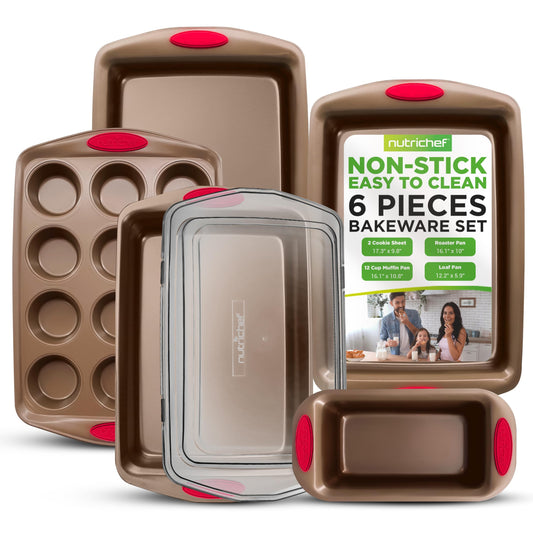 NutriChef 6-Piece Nonstick Baking Pan Set - Premium Steel Bakeware w/Silicone Handles - Includes 2 Baking Sheets, 12-Cup Muffin, Loaf, & Roaster Pan w/BPA-Free Lid - Easy to Clean, Gold