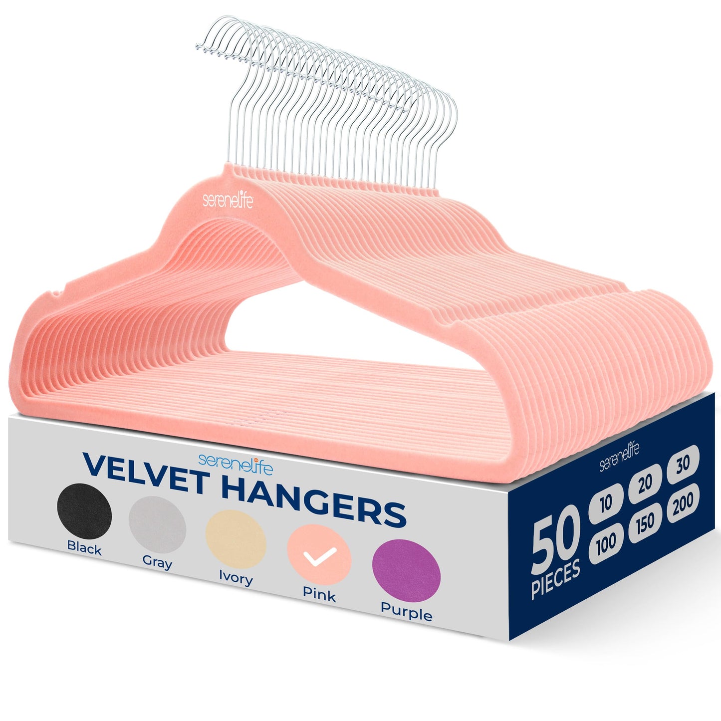 SereneLife 50 Pack Velvet Hangers - Non-Slip, 360° Swivel Hook - Ultra-Thin, Lightweight Velvet Hangers for Shirts, Sweaters, Hoodies, Kids Clothes & Dresses - Space-Saving