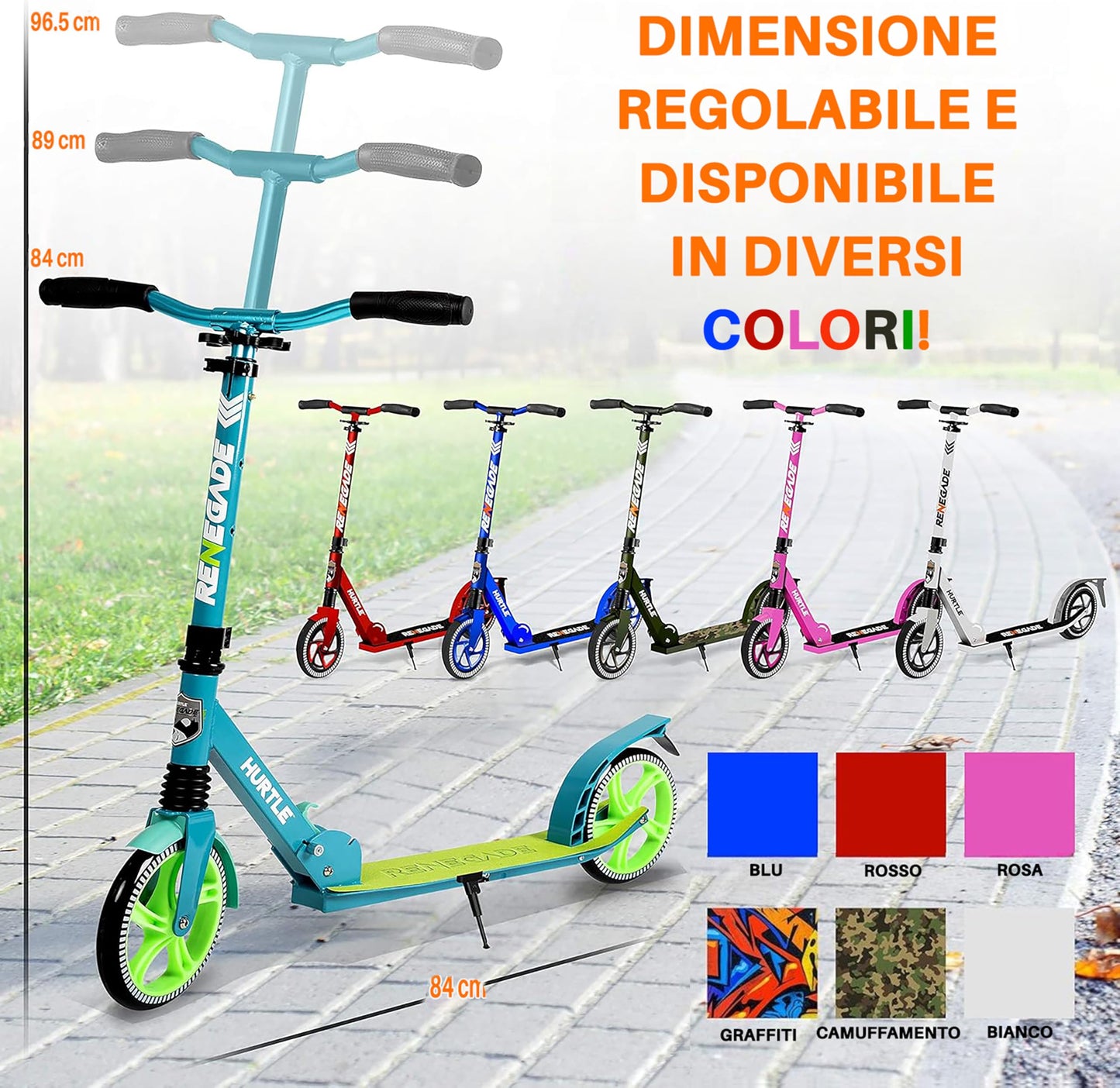 Hurtle Renegade Kick Scooters for Kids Teenagers Adults- 2 Wheel Kids Scooter with Adjustable T-Bar Handlebar - Alloy Anti-Slip Deck - Portable Folding Scooters for Kids with Carrying Strap