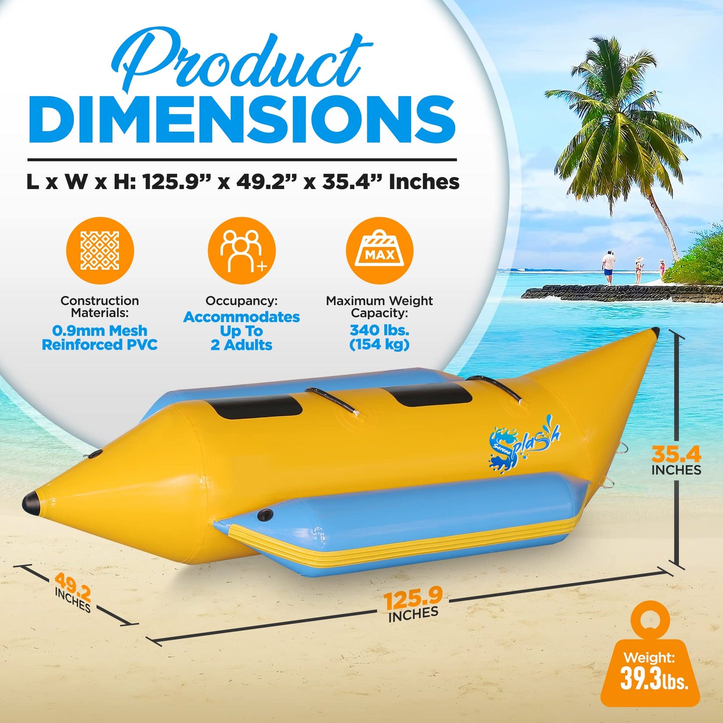 SereneLife Inflatable Floating Banana Boat, Towable Tube for Boating, Includes Storage Bag, Food Pump, and Repair Kit for 2-6 seaters