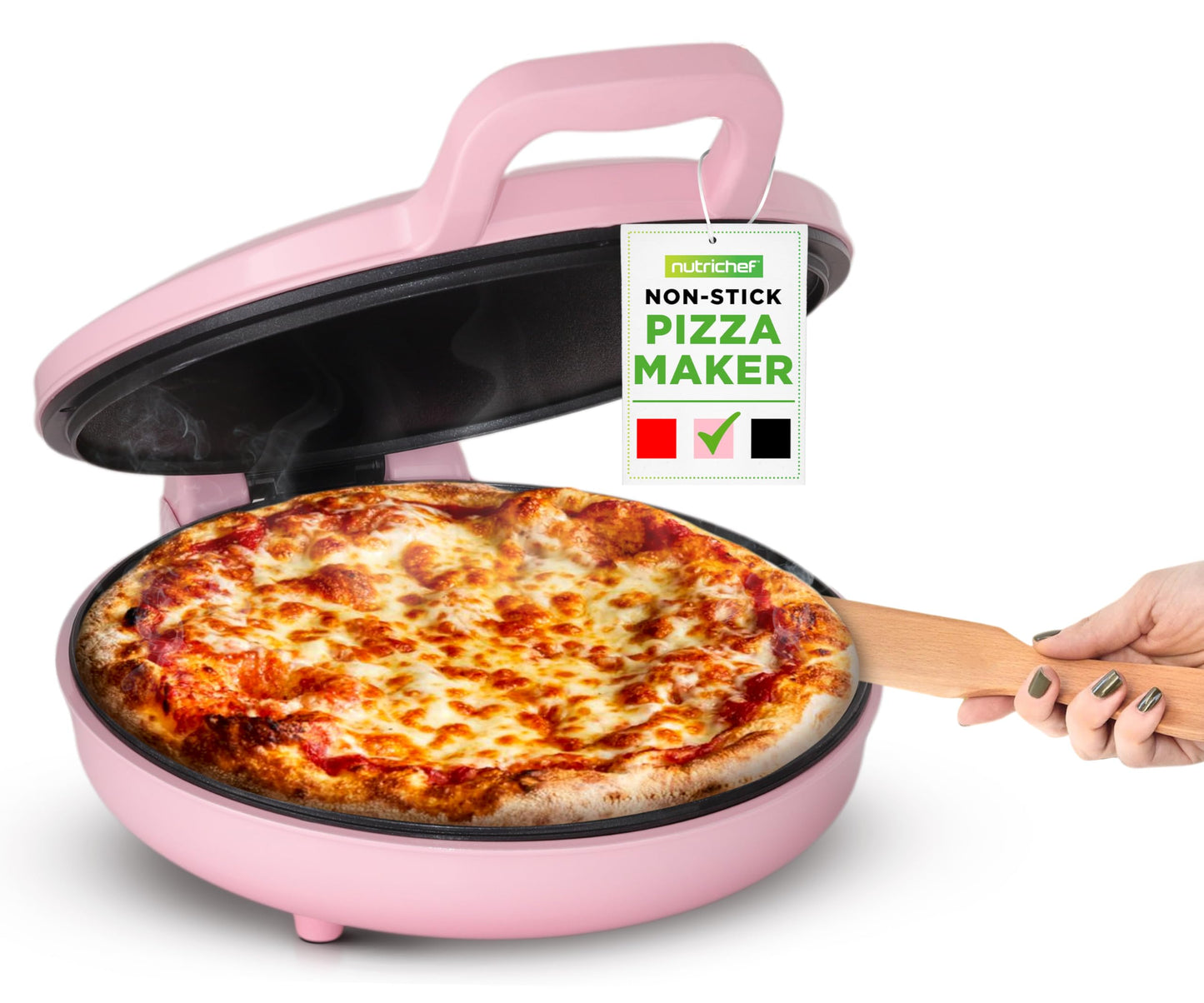 NutriChef Countertop Pizza Maker | 1500W Non-Stick Electric Pizza Cooker | Make 12" Personal Pizzas, Eggs, Toast & More | Cool-Touch Handles, Compact & Space-Saving | Temp Range 175-400°F | Pink