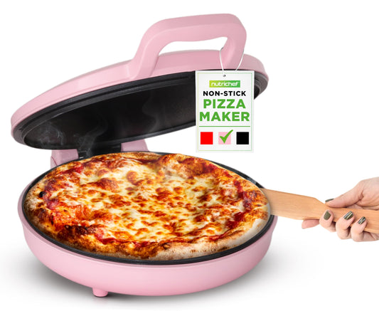 NutriChef Countertop Pizza Maker | 1500W Non-Stick Electric Pizza Cooker | Make 12" Personal Pizzas, Eggs, Toast & More | Cool-Touch Handles, Compact & Space-Saving | Temp Range 175-400°F | Pink