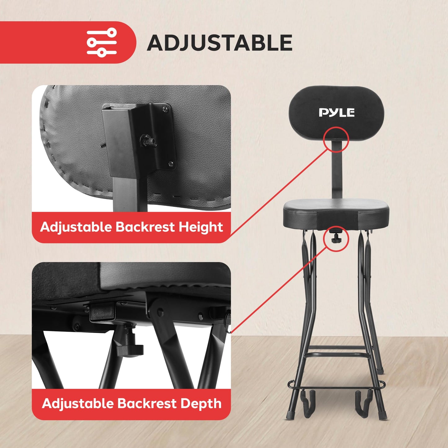 Pyle Adjustable Guitar Seat with Built-In Stand, EVA Foam Padded Cradles, Removable Backrest, Non-Slip Rubber Feet, Collapsible Design – Fits Acoustic, Electric & Bass Guitars – 300 lbs Capacity
