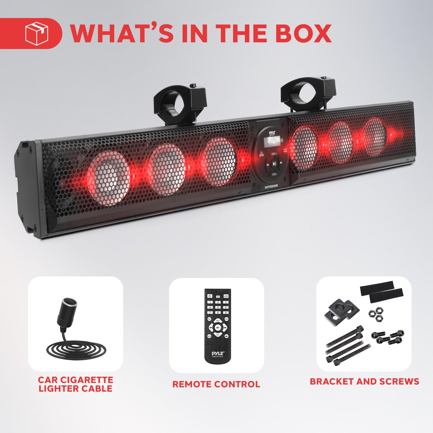 Pyle 36" Marine Sound Bar Speaker System for ATV/UTV with Bluetooth, 270W Peak Power, Built-in Amplifier, 6x4 Woofers, 2x1 Treble, Remote Control, USB/AUX Input, Handlebar Mount, IPX5 Waterproof