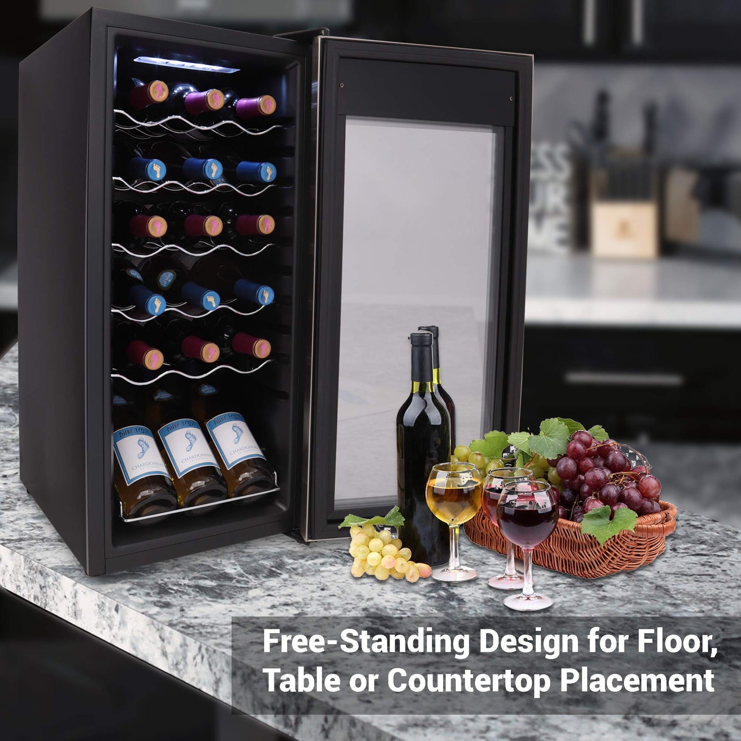 NutriChef PKCWC18 18 Bottle Fridge Slim Mini Cooler with Adjustable Temperature Control, Quiet Operation, for Red and White Wine, 30x13x17 in, Black