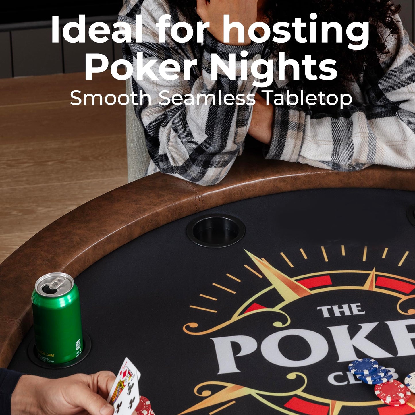 SereneLife 8- Player Round Foldable Poker Table, Casino Leisure Texas Holdem Table, w/ water Resistant Cushioned Rail, 8 Cup Holders, Brown Felt Surface, Black Jack Board & Family Games (Chocolate)