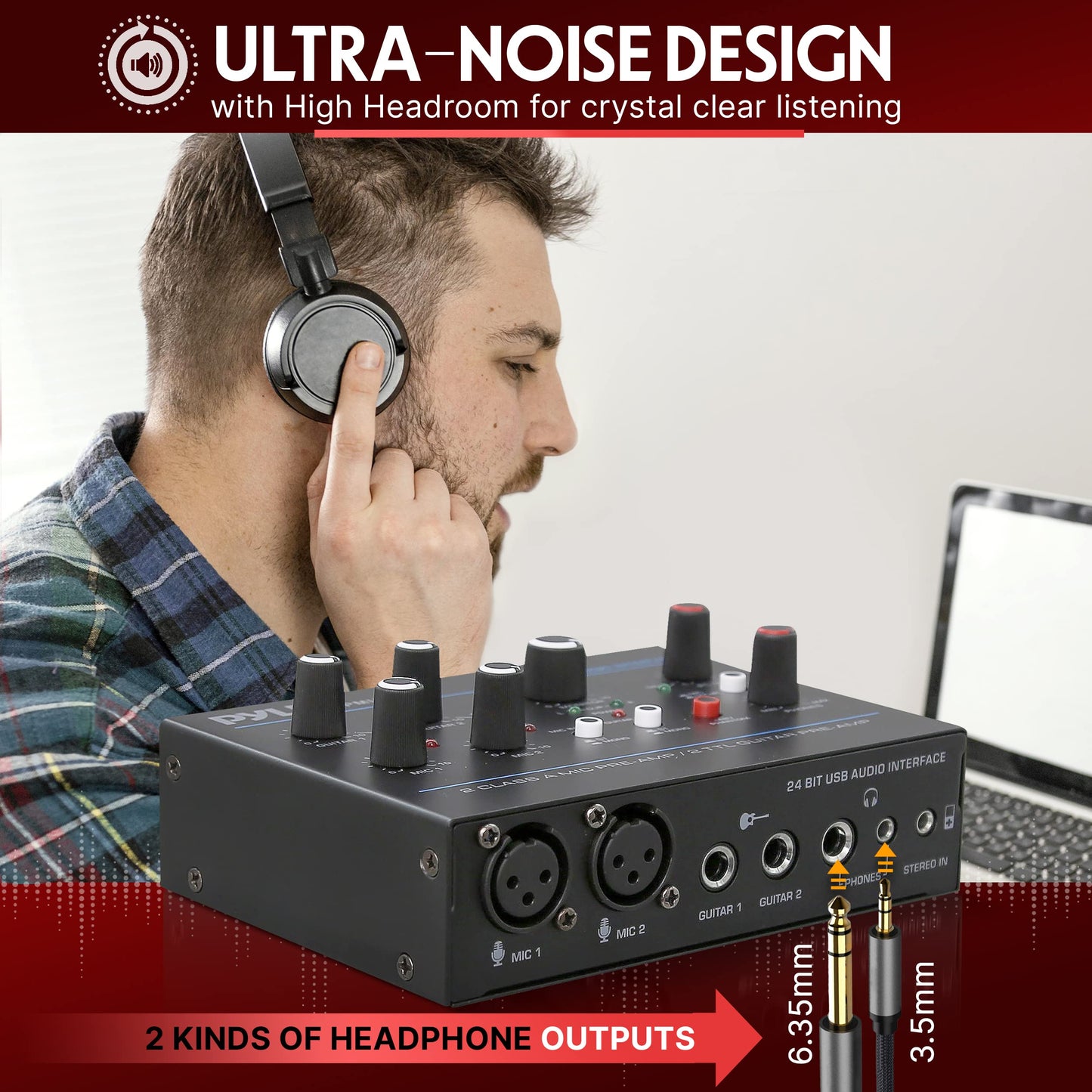 Pyle Professional USB Audio Interface - MIC/Guitar/AUX Stereo Inputs - Phone & Monitor Outputs - 48V Phantom Power - Ultra Low Noise - Compact Rugged Design - Ideal for PC Playing & Recording - PMUX6
