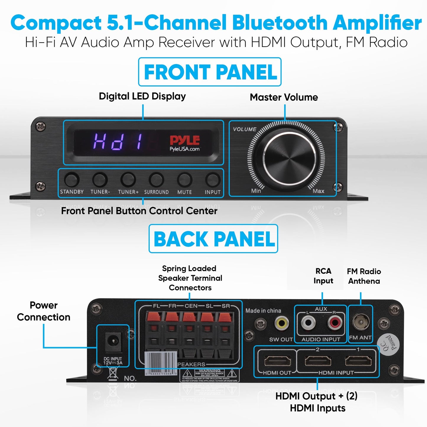 Pyle Wireless Bluetooth Home Audio Amplifier - 100W 5.1 Channel Home Theater Power Stereo Receiver, Surround Sound w/ HDMI, AUX, FM Antenna, Subwoofer Speaker Input, 12V Adapter, Black - PFA560BT