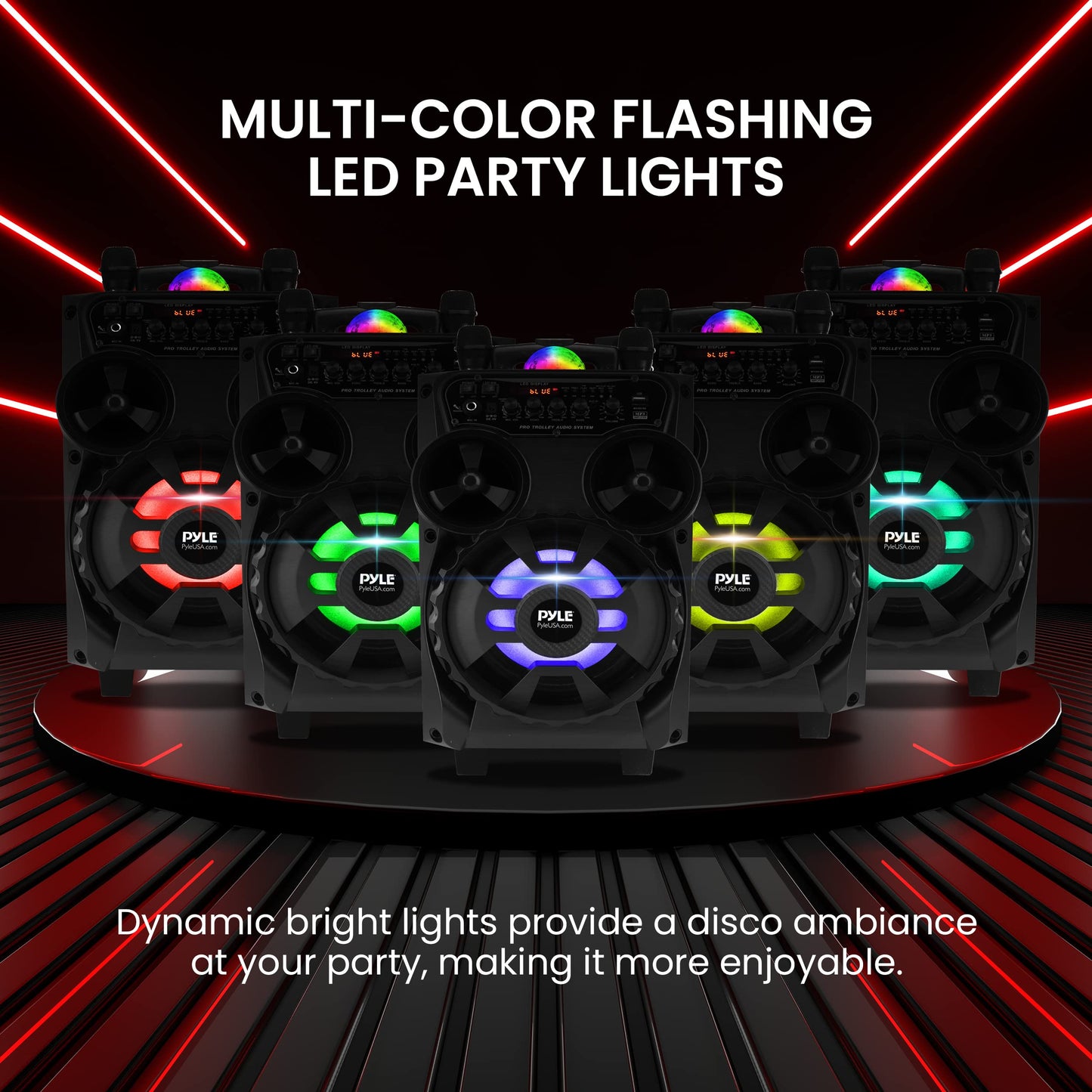 Pyle Portable Bluetooth PA Speaker - 580W 8” Rechargeable Outdoor BT Karaoke Audio System - TWS, Disco Party Lights, LED Display, FM/AUX/MP3/USB/SD, 6.5mm in, Trolley, Wheels - Wireless Mic, Remote