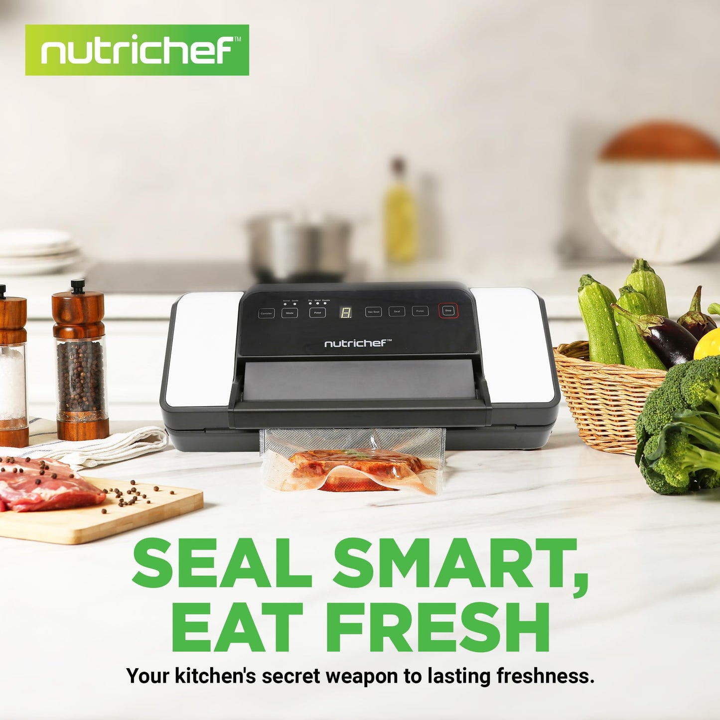 NutriChef Vacuum Sealer for Food (80Kpa) – Dry, Moist & Pulse Modes, Dual Seal, Built-in Roll Storage & Cutter, High-Power Suction, Durable Design, Includes Canister Hose & Bags