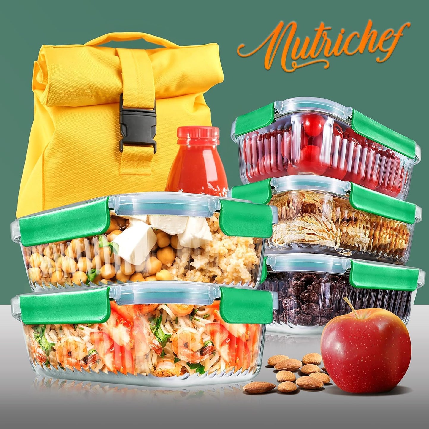 NutriChef 10-Piece Glass Food Storage Containers Set – (5 BPA-Free Airtight Meal Prep Containers with 5 Vented Locking Lids), Stackable & Oven Safe, Leakproof, Reusable, Freezer & Microwave Friendly