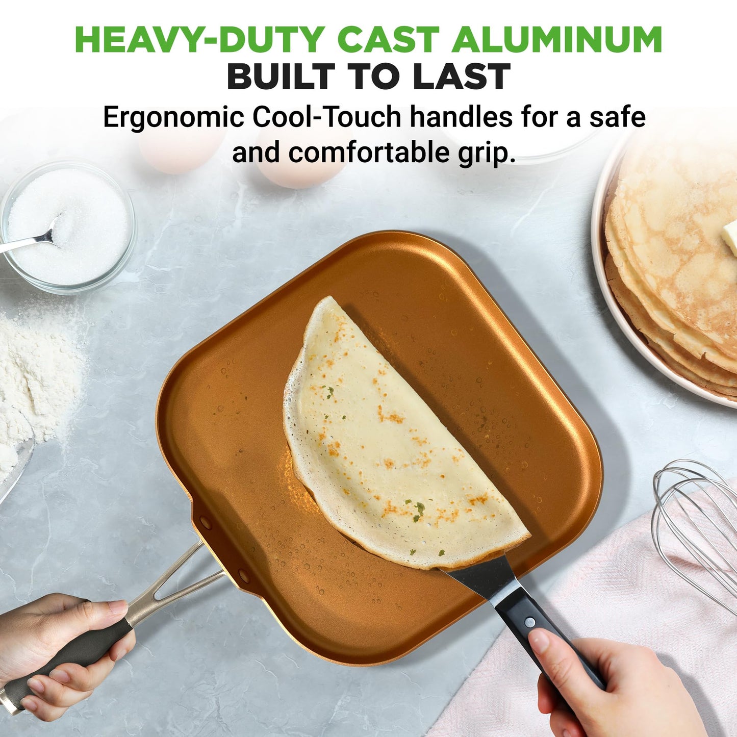 NutriChef Copper Pan Non-Stick Coating Inside, Hard-Anodized Look Heat Resistant Lacquer Outside, Silicone Handle NCSQPA, 1 Griddle