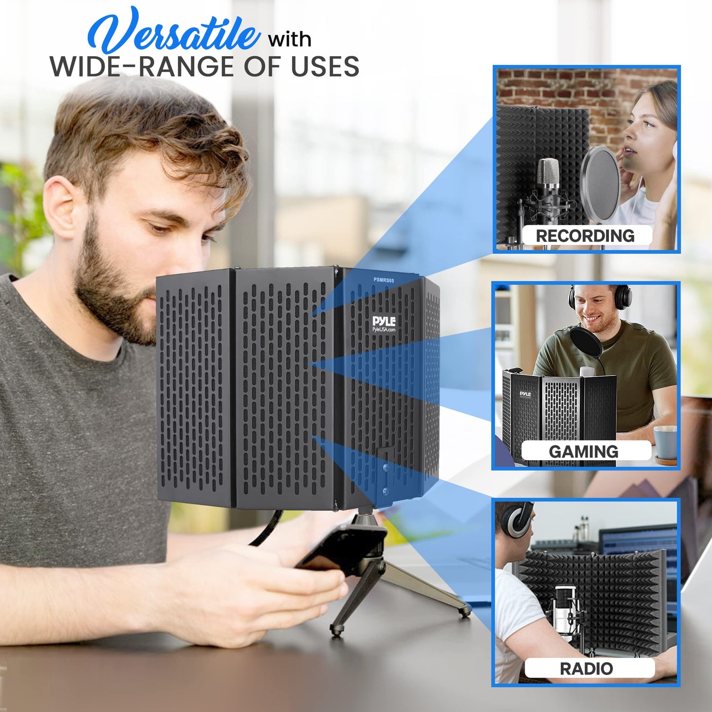 Pyle Studio Microphone Sound Isolation - Enhance Vocals & Singing with 5 Folding Acoustic Panels, Adjustable Depth & Removable Shock Mount - Ideal Podcast Equipment for Singers & Recording