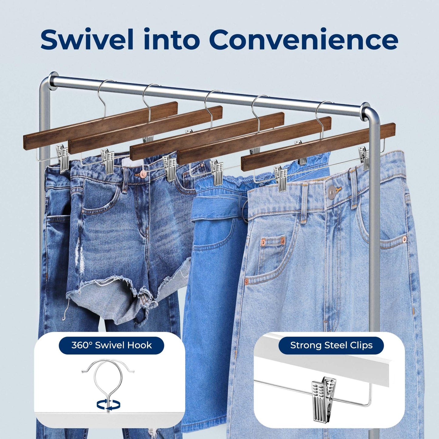 SereneLife 10 Pack Wooden Pants Hangers with Clips – Retro Brown 14"x0.5"x6.7", Heavy Duty Wood Skirt Hangers with 360° Swivel Hook & Adjustable Non-Slip Clips for Jeans Slacks Shorts