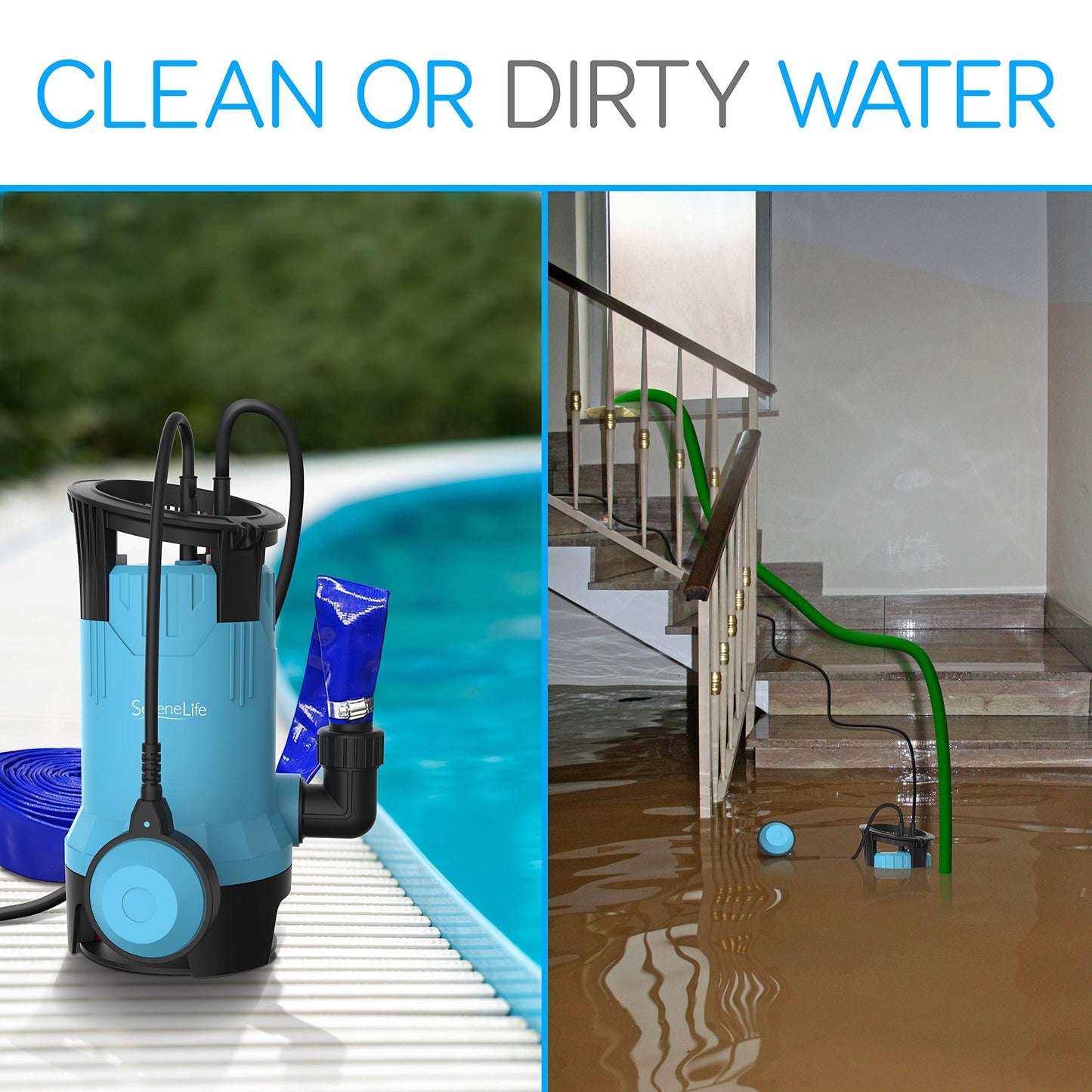 SereneLife 1HP Sump Pump Submersible, 3300GPH Water Pump for Pool Draining with Auto Float Switch, 3pc Adapter Set for USA Garden and Flat Hose, 16ft Cord, Clean Dirty Water, Yard, Pool, Tub, Pond