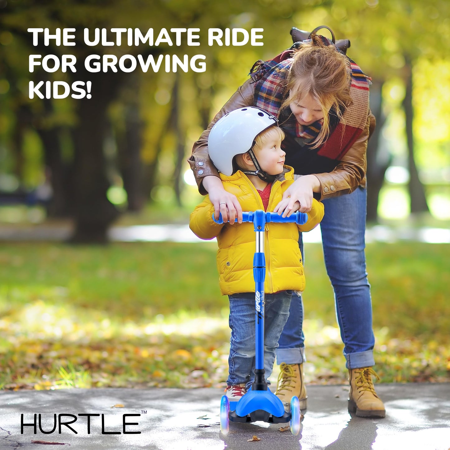 Hurtle Mini Kickboard Scooter for Kids - Height Adjustable 25''-28'', Lightweight 3-Wheel with LED Light-up Wheels, Anti-Slip, Indoor/Outdoor Fun, for Ages 2-5 (Blue)
