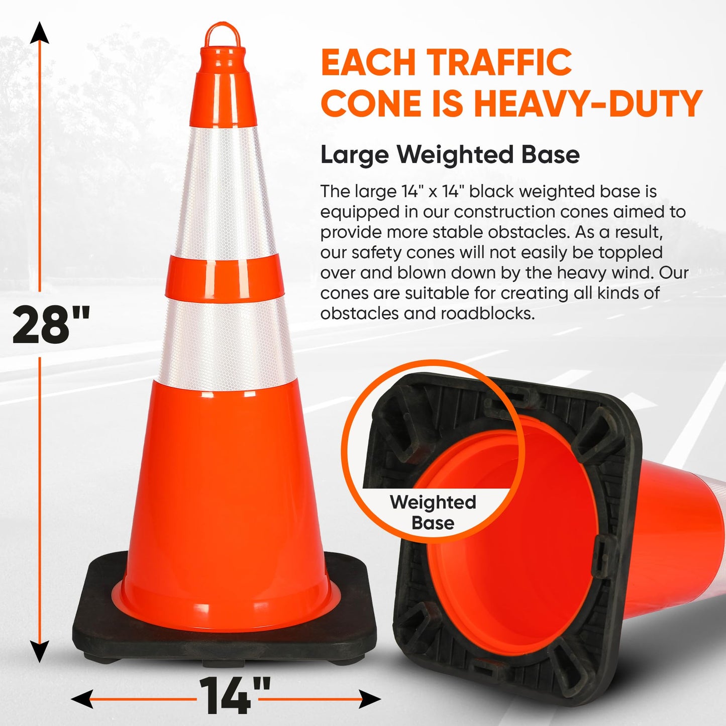 Pyle 28" PVC Traffic Cones, 10-Pack Safety Cones for Parking, Construction, Roadwork, & Sports Training, High-Visibility Orange, Durable, Stackable Design, Heavy-Duty Base for Stability in All Weather