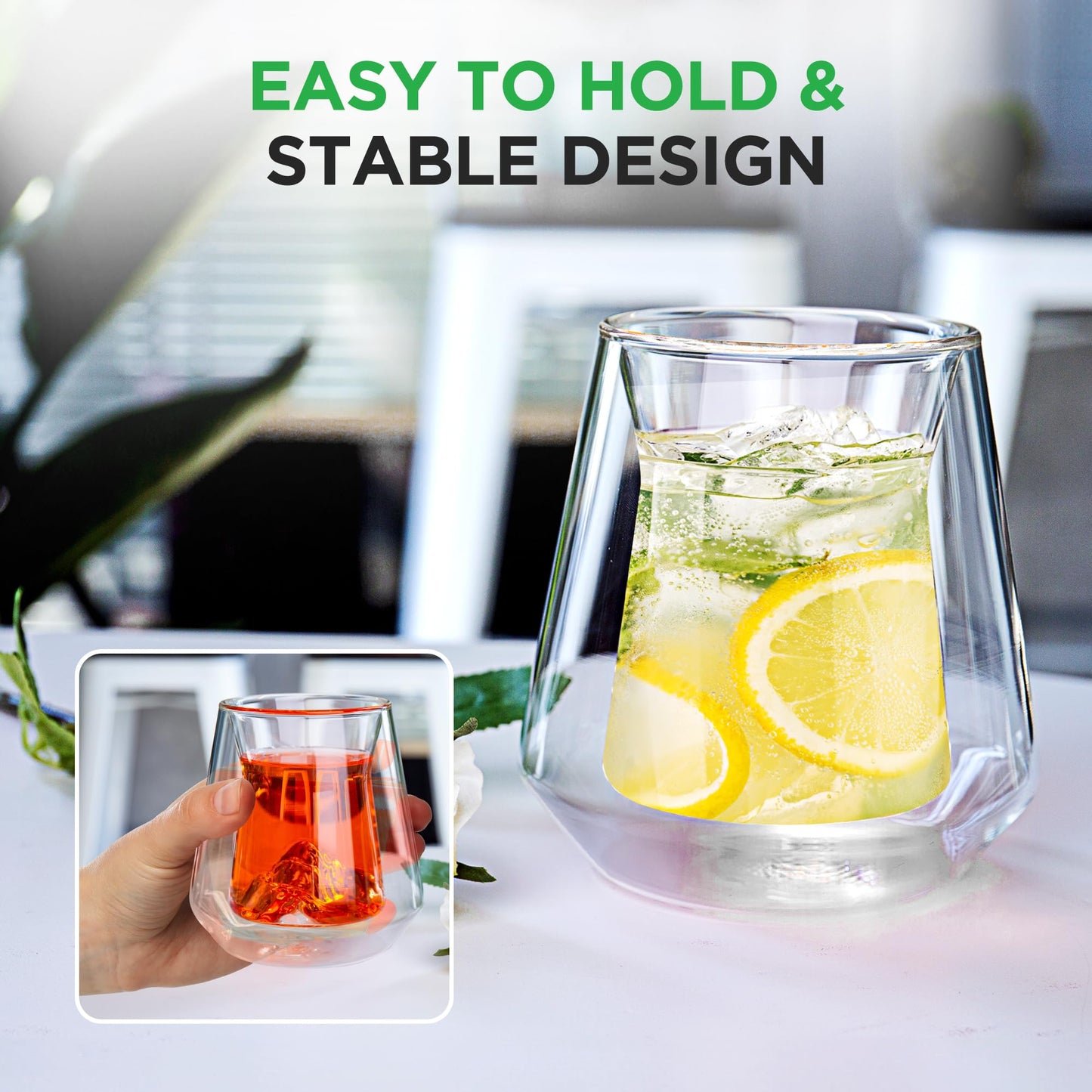 NutriChef Double Wall Insulated Glasses - 2pcs 8 oz High Borosilicate Glass Sweat Free Mugs Clear Drinkware for Hot/Cold Drinks, Coffee, Espresso, Cappuccino, Latte, Tea, Microwavable, Dishwasher Safe