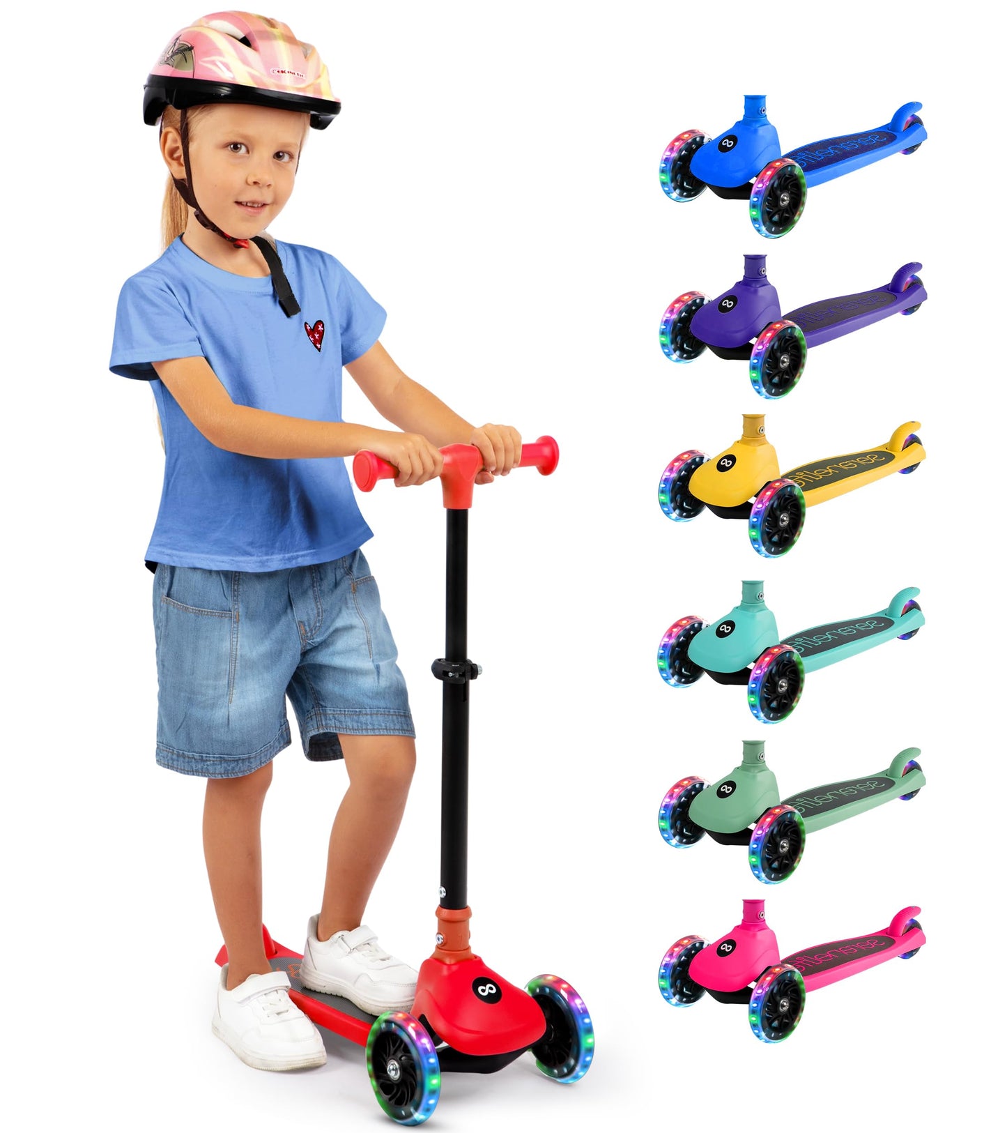 SereneLife 3-Wheel Foldable Kids Scooter – LED Wheel Lights, Adjustable Handlebar, Rear Foot Brake, Lean-to-Steer, Anti-Slip Deck – Ideal for Toddlers & Kids 3+, up to 110 lbs