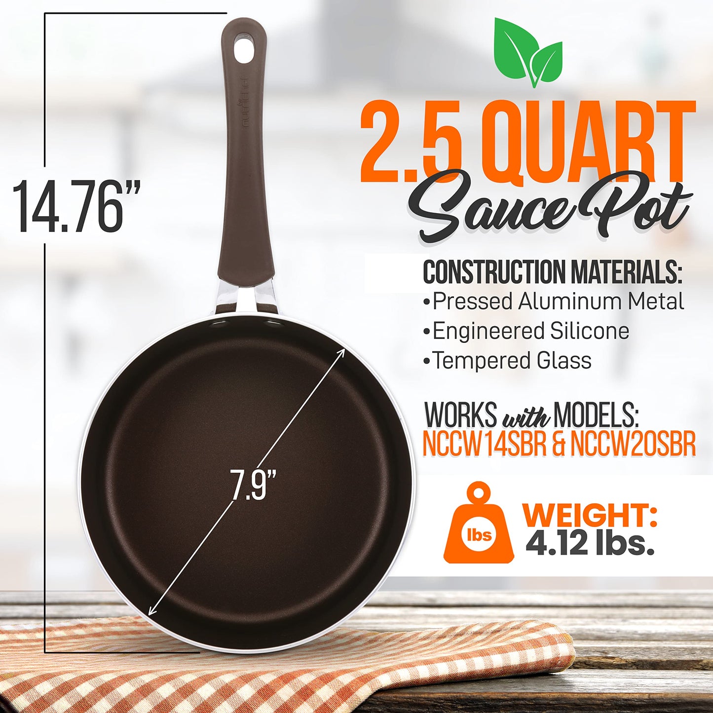 Nutrichef Sauce Pot with Lid - Non-Stick High-Qualified Kitchen Cookware with See-Through Tempered Glass Lids, 2.5 Quart (Works with Models: NCCW14SBR & NCCW20SBR)