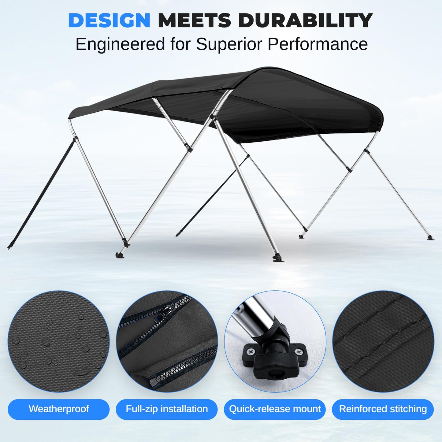Waterproof Boat Bimini Top Cover - 85-90"W 3 Bow Bimini Top Sun Shade Boat Canopy - 1" Double Wall Aluminum Frame Tubes, 2 Front Straps, 2 Rear Support Poles, Storage Boot - SereneLife SLBTW90G, Gray