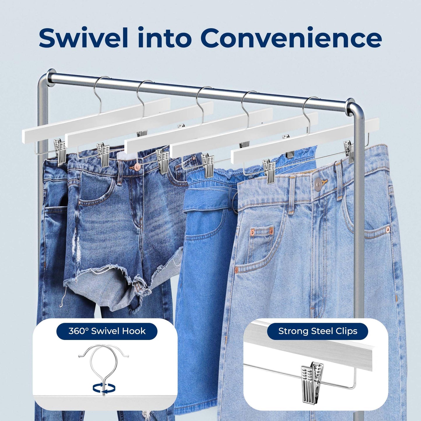 SereneLife 20 Pack Wooden Pants Hangers with Clips – White 14"x0.5"x6.7", Heavy Duty Skirt Hangers with Adjustable Non-Slip Steel Clips & 360° Swivel Hook for Jeans Slacks Shorts