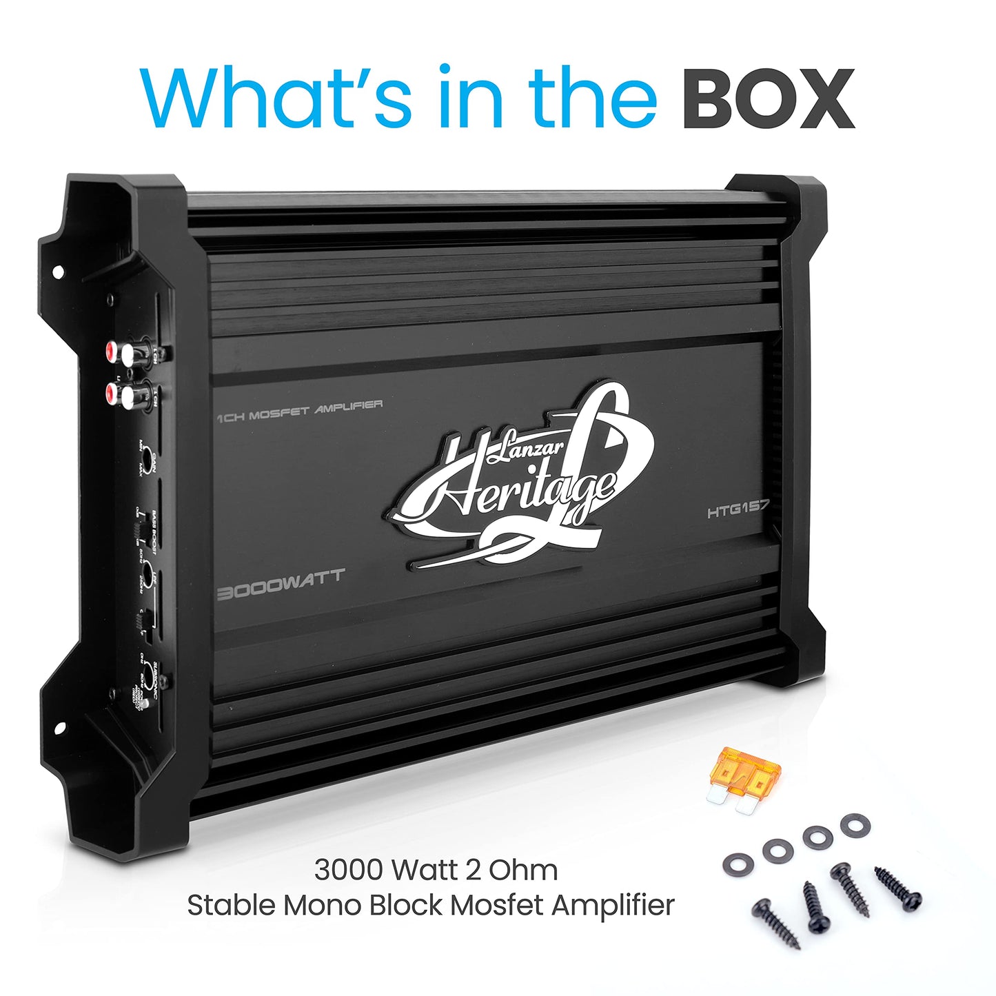 Lanzar 1 Channel Car Audio Amplifier, 3000 Watt, Monoblock, 2 Ohm, MOSFET, Nickel Plated RCA Input, Bass Boost Circuit, Electronic Crossover Network, Power Protection LEDs - HTG157