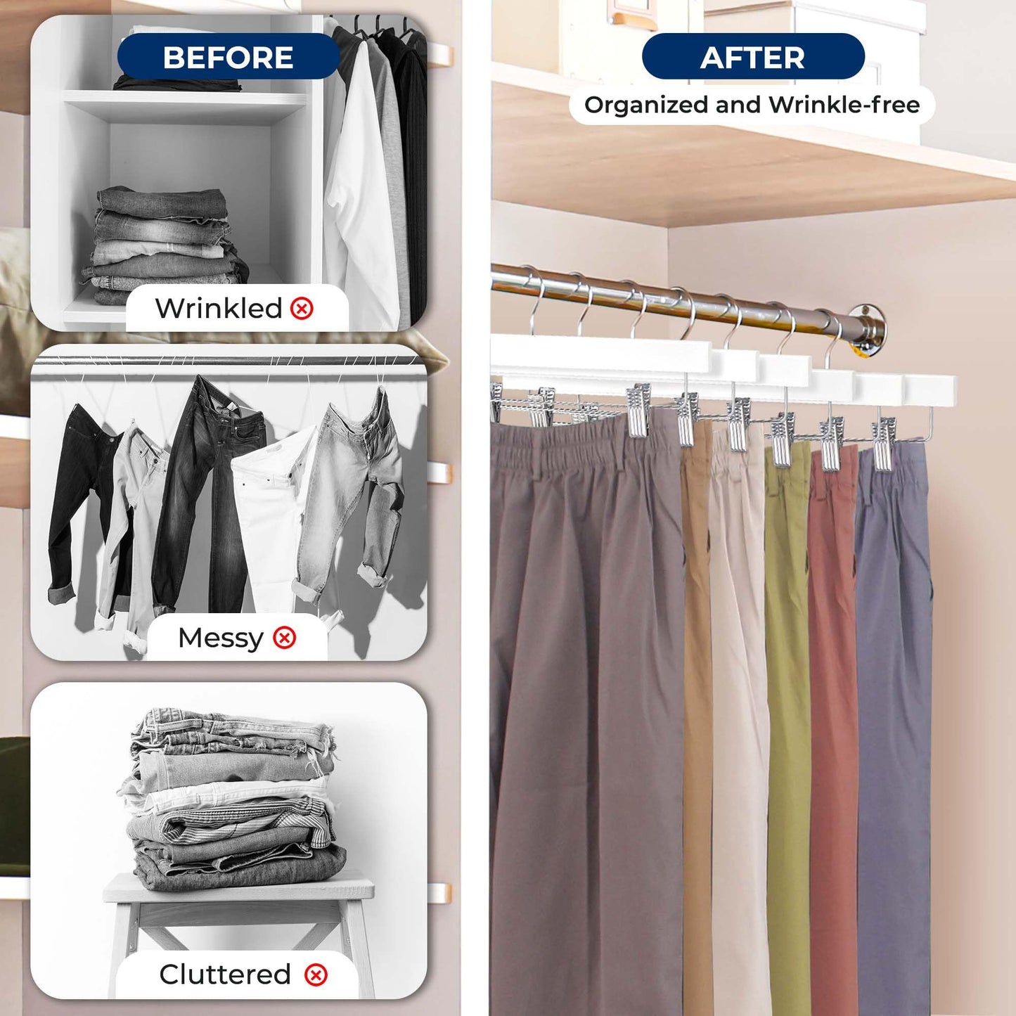 SereneLife 20 Pack Wooden Pants Hangers with Clips – White 14"x0.5"x6.7", Heavy Duty Skirt Hangers with Adjustable Non-Slip Steel Clips & 360° Swivel Hook for Jeans Slacks Shorts