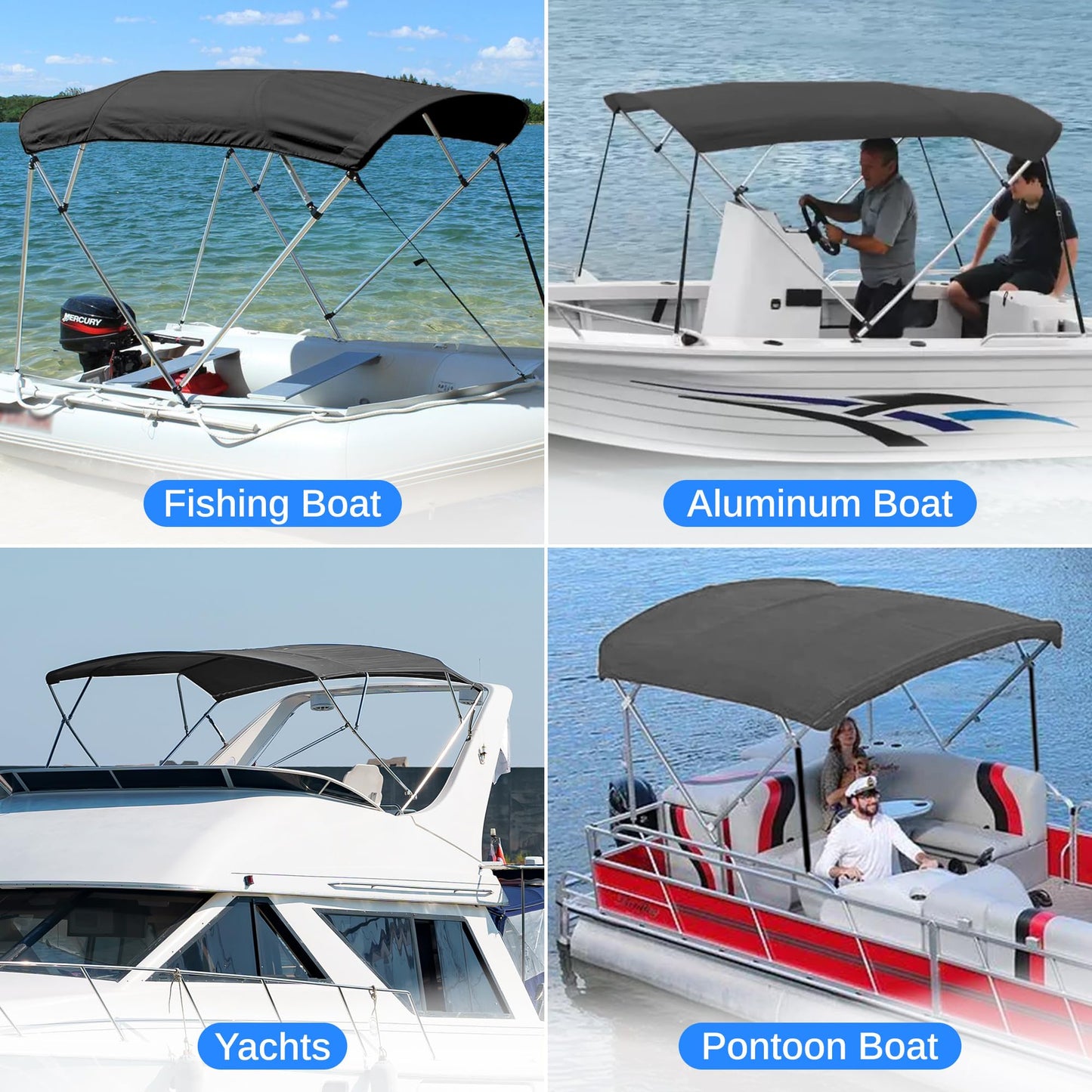 Waterproof Boat Bimini Top Cover - 85-90"W 3 Bow Bimini Top Sun Shade Boat Canopy - 1" Double Wall Aluminum Frame Tubes, 2 Front Straps, 2 Rear Support Poles, Storage Boot - SereneLife SLBTW90G, Gray