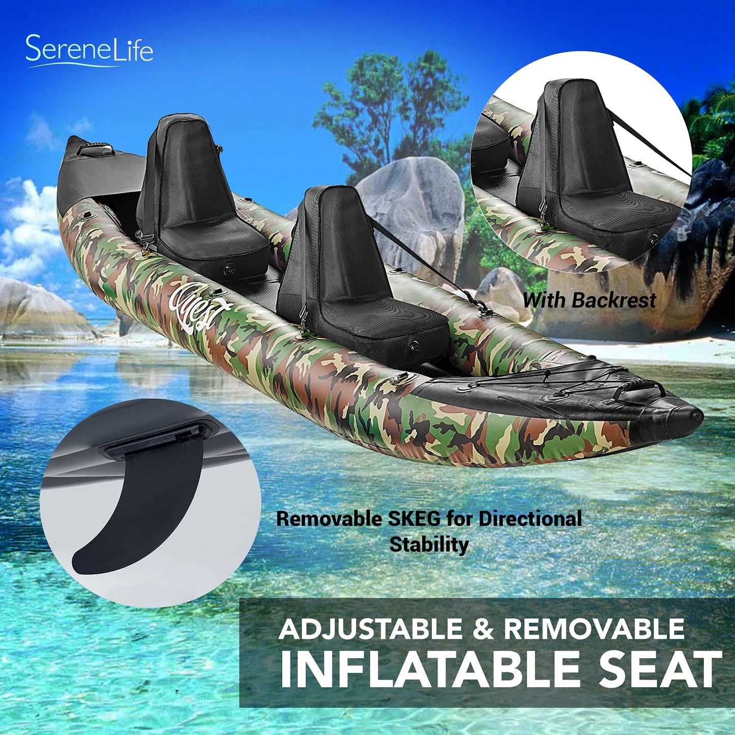 SereneLife 2-Person Inflatable Kayak with Aluminum Paddles & Pump – Portable, Lightweight Kayak for Adults with Adjustable Seats, Puncture-Resistant PVC, 660lb Capacity, Repair Kit & Carry Bag – Camo