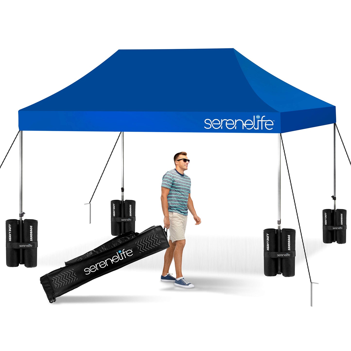 SereneLife Pop Up Canopy Tent 10x15 - Commercial Instant Shelter Foldable/Collapsible Sun Shade Canopy Pop Up Tent w/Waterproof Top, Portable Carry Bag & Sand Bag - SereneLife SLGZ15BU (Navy Blue)