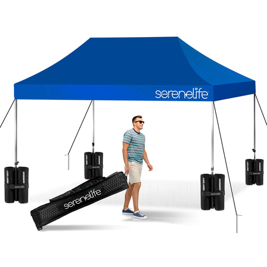 SereneLife Pop Up Canopy Tent 10x15 - Commercial Instant Shelter Foldable/Collapsible Sun Shade Canopy Pop Up Tent w/Waterproof Top, Portable Carry Bag & Sand Bag - SereneLife SLGZ15BU (Navy Blue)