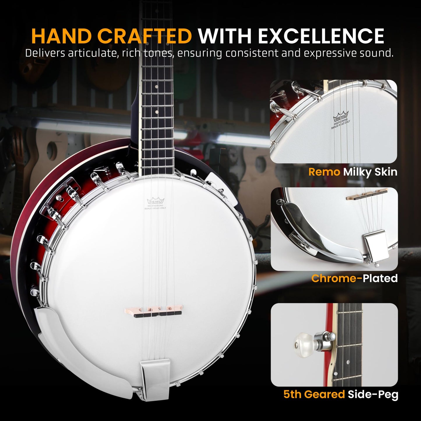 Pyle Banjo Kit with Remo Head and Sapele Resonator, 39" Full Size Traditional Open or Closed Back 5 String Instrument with 24 Brackets, Geared 5th Tuner, Premium Accessory Kit (Red Burst)