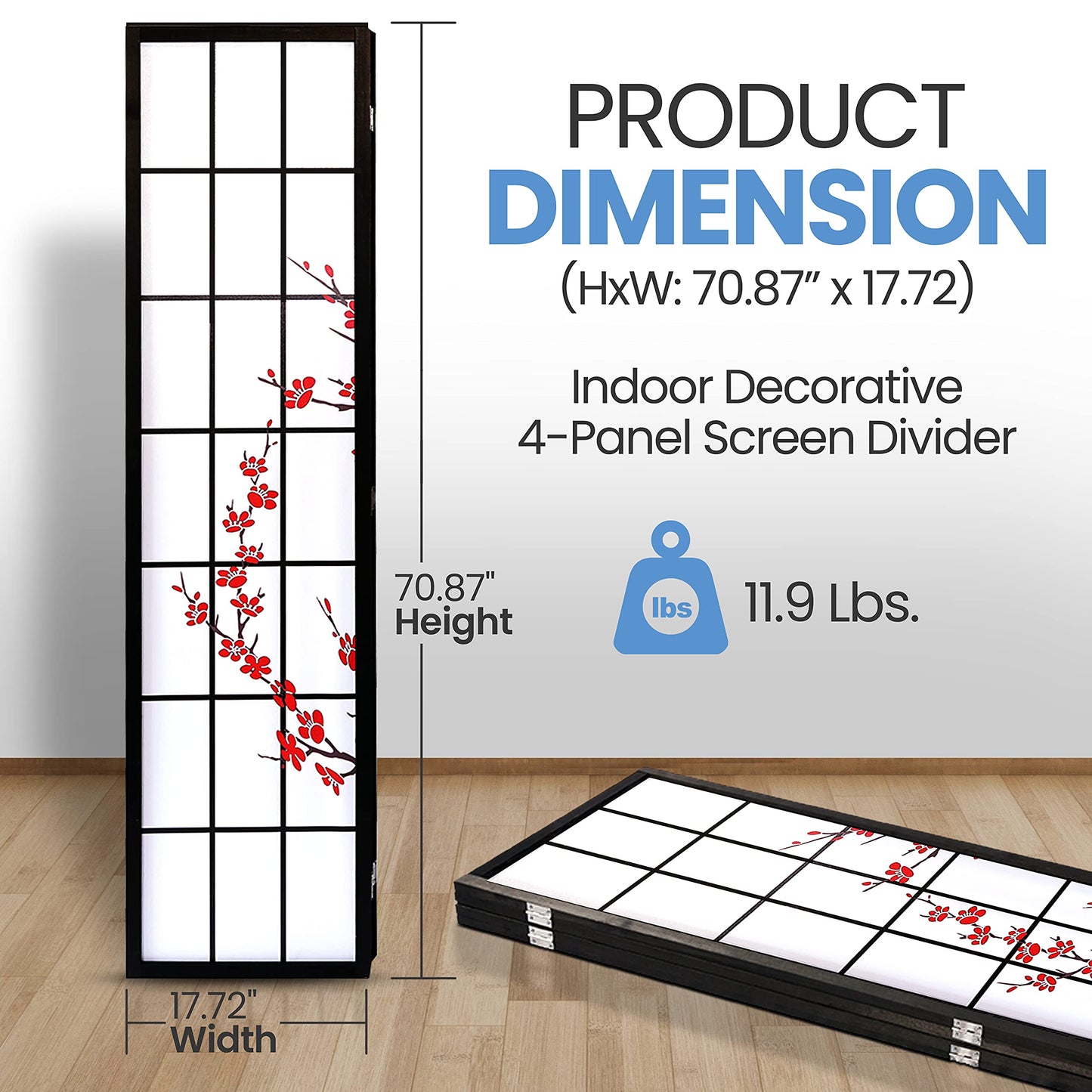 SereneLife Japanese Screen Room Divider - Portable Freestanding Classic Indoor Decorative 4-Panel Separator, Folding Privacy, Dressing Area, Office, Elegant Plum Blossom Design