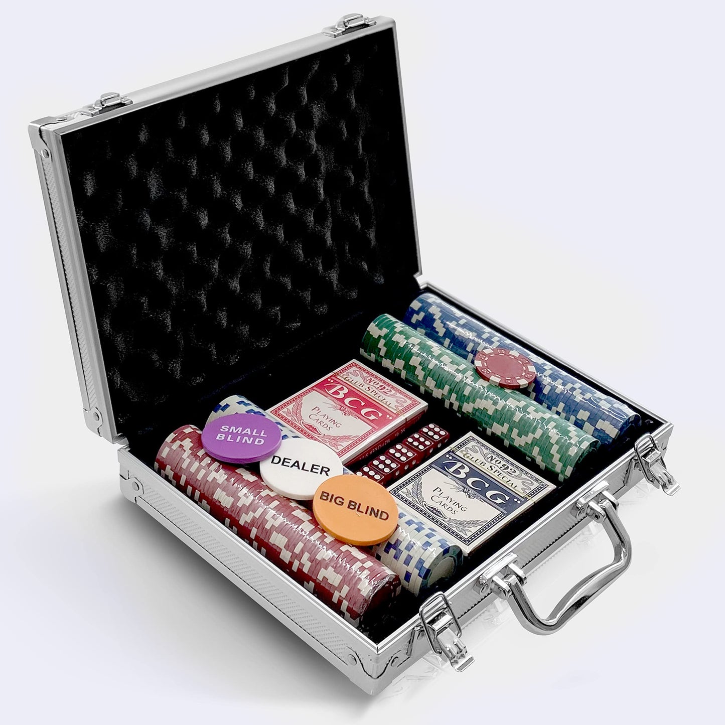 SereneLife Poker Chip Set for Texas Holdem, Blackjack Gambling- 11.5 Gram Casino Chips Set w/Aluminum Case, Playing Cards, Button, Dice- 200 PCS (Grey)