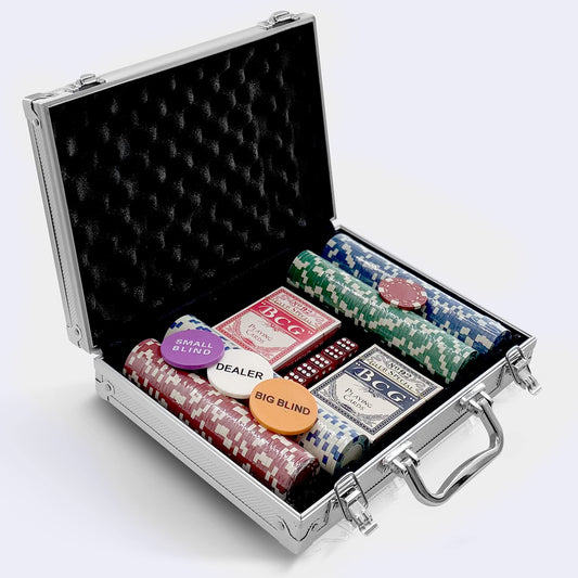 SereneLife Poker Chip Set for Texas Holdem, Blackjack Gambling- 11.5 Gram Casino Chips Set w/Aluminum Case, Playing Cards, Button, Dice- 200 PCS (Grey)
