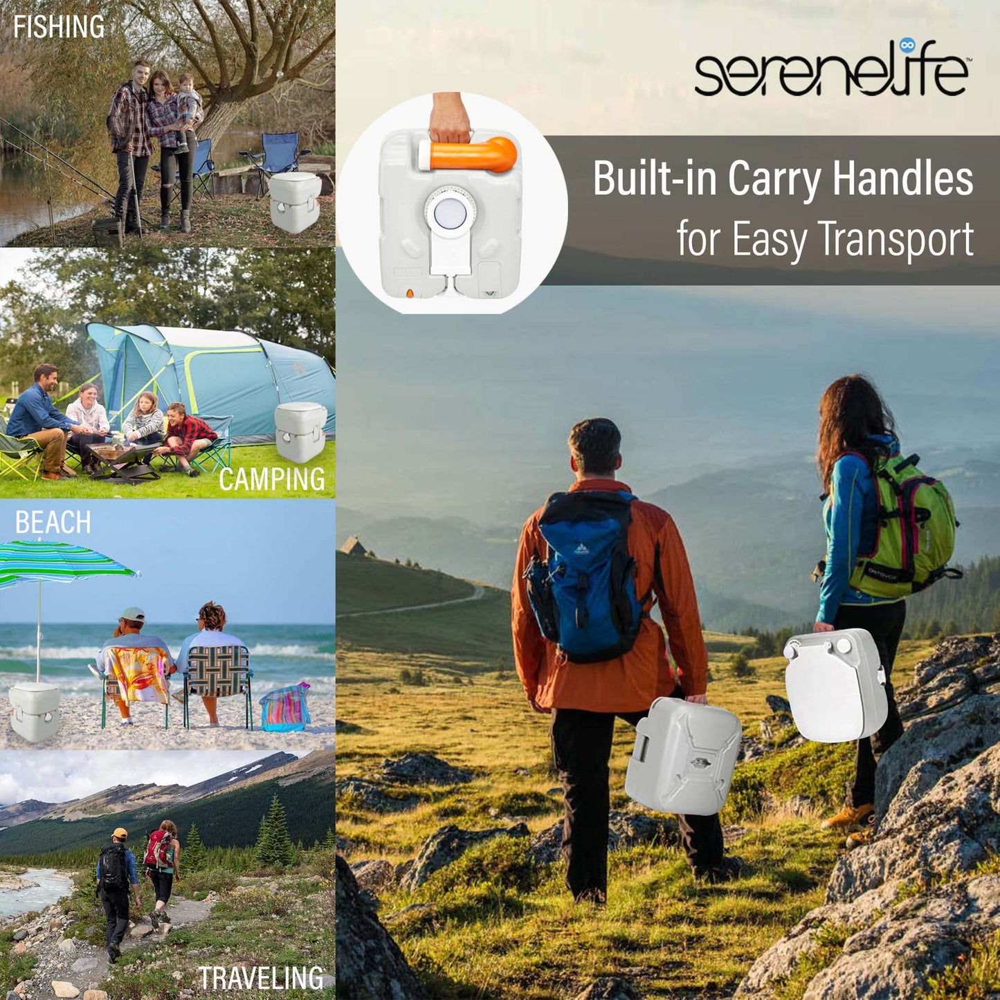 SereneLife 5.8 Gallon Portable Camping Toilet with Carry Bag and Hand Sprayer For Adults, Leak Proof Toilet with Waste Level Indicator, Portable Potty for Camping, Hiking, Roadtrip, Car, Tent