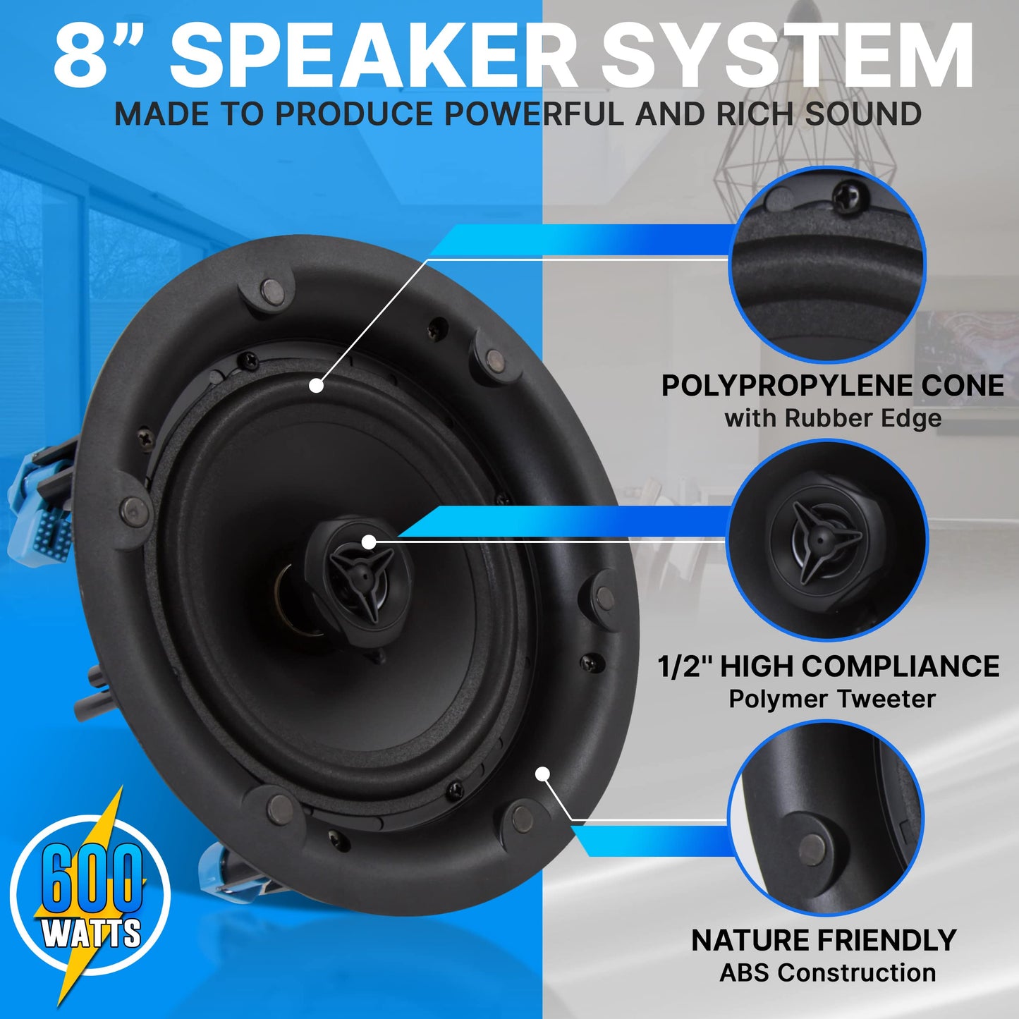 Pyle Ceiling and Wall Mount Speaker-8” 2-Way 70V Audio Stereo Sound Subwoofer Sound with Dome Tweeter,600 Watts,in-Wall&in-Ceiling Flush Mount for Home Surround System-Pyle PDIC8LT(White)